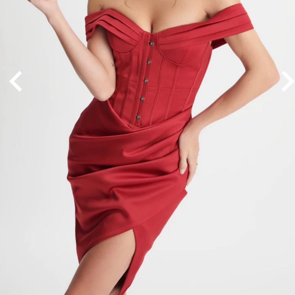 Lavish Alice Satin Off Shoulder Corset Wrap Dress in Burgundy Red size 8